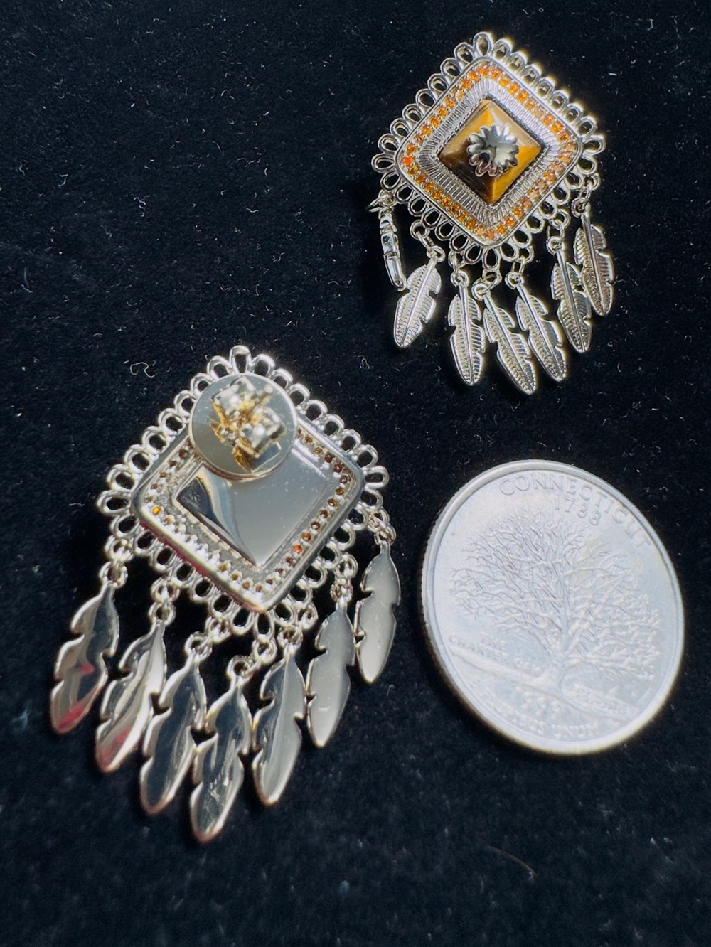 Tiger’s Eye CZ Feather Statement Drop Earrings - Picture 5 of 7